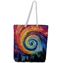 Cosmic Rainbow Quilt Artistic Swirl Spiral Forest Silhouette Fantasy Full Print Rope Handle Tote (large) by Maspions