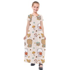 Bear Cartoon Background Pattern Seamless Animal Kids  Short Sleeve Maxi Dress by Maspions