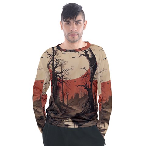 Comic Gothic Macabre Vampire Haunted Red Sky Men s Long Sleeve Raglan T-shirt by Maspions