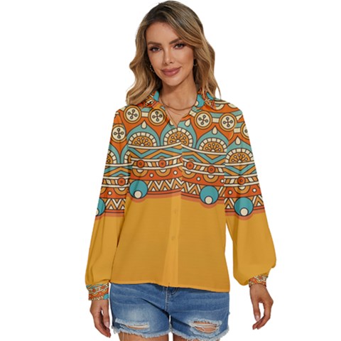 Mandala Orange Women s Long Sleeve Button Up Shirt by goljakoff