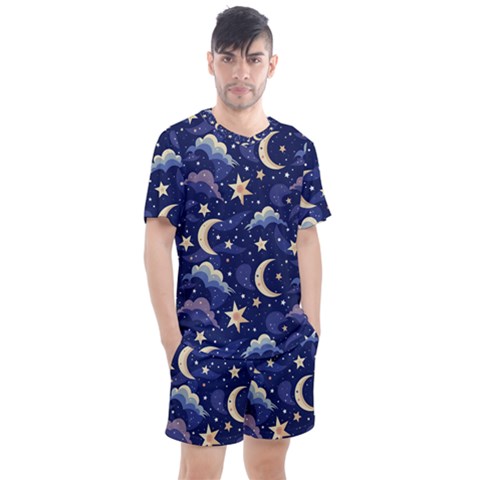 Night Moon Seamless Background Stars Sky Clouds Texture Pattern Men s Mesh T-shirt And Shorts Set by Maspions