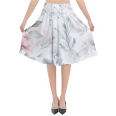 Light Grey And Pink Floral Flared Midi Skirt by LyssasMindArt