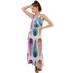 Pen Peacock Colors Colored Pattern V-neck Chiffon Maxi Dress by Maspions