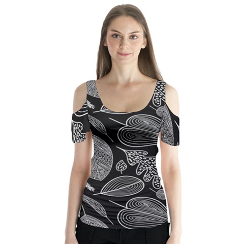 Leaves Flora Black White Nature Butterfly Sleeve Cutout T-shirt  by Maspions