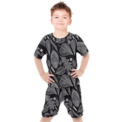 Leaves Flora Black White Nature Kids  T-shirt And Shorts Set by Maspions