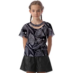 Leaves Flora Black White Nature Kids  Front Cut T-shirt by Maspions