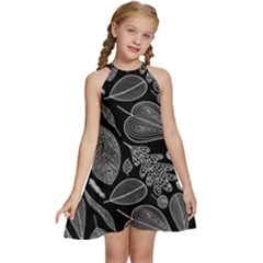 Leaves Flora Black White Nature Kids  Halter Collar Waist Tie Chiffon Dress by Maspions