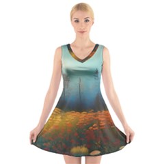 Wildflowers Field Outdoors Clouds Trees Cover Art Storm Mysterious Dream Landscape V-neck Sleeveless Dress by Posterlux