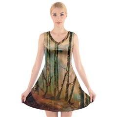 Woodland Woods Forest Trees Nature Outdoors Mist Moon Background Artwork Book V-neck Sleeveless Dress by Posterlux