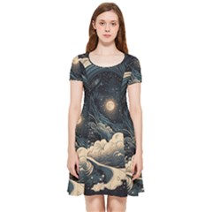 Starry Sky Moon Space Cosmic Galaxy Nature Art Clouds Art Nouveau Abstract Inside Out Cap Sleeve Dress by Posterlux