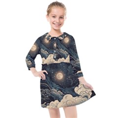 Starry Sky Moon Space Cosmic Galaxy Nature Art Clouds Art Nouveau Abstract Kids  Quarter Sleeve Shirt Dress by Posterlux