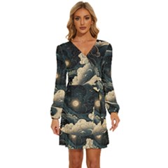 Starry Sky Moon Space Cosmic Galaxy Nature Art Clouds Art Nouveau Abstract Long Sleeve Waist Tie Ruffle Velvet Dress by Posterlux