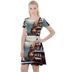 Village Reflections Snow Sky Dramatic Town House Cottages Pond Lake City Cap Sleeve Velour Dress  by Posterlux