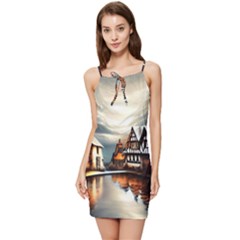 Village Reflections Snow Sky Dramatic Town House Cottages Pond Lake City Summer Tie Front Dress by Posterlux