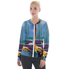 Artwork Outdoors Night Trees Setting Scene Forest Woods Light Moonlight Nature Velvet Zip Up Jacket by Posterlux