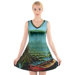 Boat Canoe Swamp Bayou Roots Moss Log Nature Scene Landscape Water Lake Setting Abandoned Rowboat Fi V-neck Sleeveless Dress by Posterlux