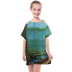 Boat Canoe Swamp Bayou Roots Moss Log Nature Scene Landscape Water Lake Setting Abandoned Rowboat Fi Kids  One Piece Chiffon Dress by Posterlux