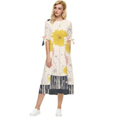 Space Flowers Universe Galaxy Bow Sleeve Chiffon Midi Dress by Maspions