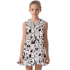 Seamless Pattern With Black White Doodle Dogs Kids  Pilgrim Collar Ruffle Hem Dress by Grandong