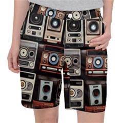 Retro Cameras Old Vintage Antique Technology Wallpaper Retrospective Women s Pocket Shorts by Grandong