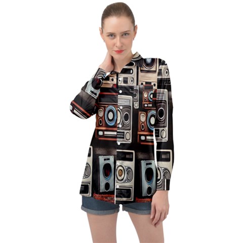 Retro Cameras Old Vintage Antique Technology Wallpaper Retrospective Long Sleeve Satin Shirt by Grandong