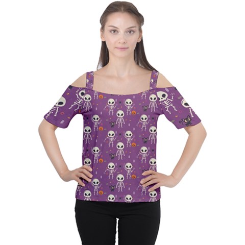 Skull Halloween Pattern Cutout Shoulder T-shirt by Maspions