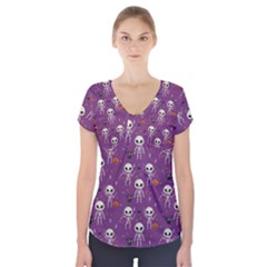 Skull Halloween Pattern Short Sleeve Front Detail Top by Maspions