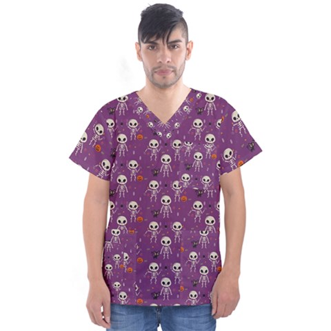 Skull Halloween Pattern Men s V-neck Scrub Top by Maspions