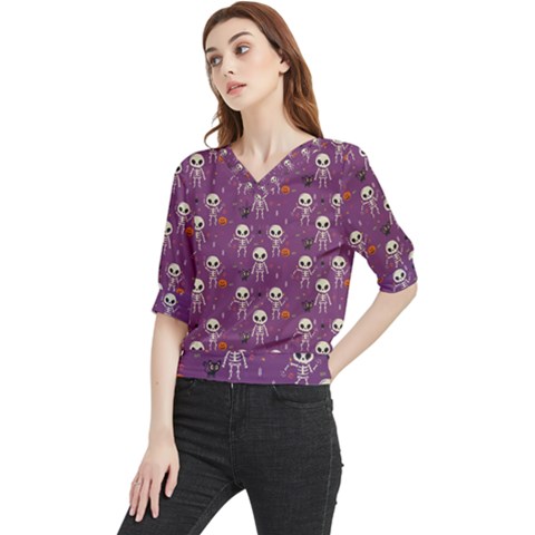 Skull Halloween Pattern Quarter Sleeve Blouse by Maspions