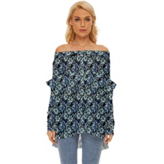 Blue Flowers 001 Off Shoulder Chiffon Pocket Shirt by DinkovaArt