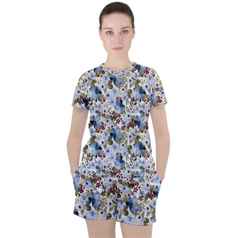 Blue Flowers Women s T-shirt And Shorts Set by DinkovaArt