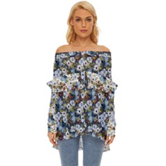 Blue Flowers Blue Flowers 2 Off Shoulder Chiffon Pocket Shirt by DinkovaArt