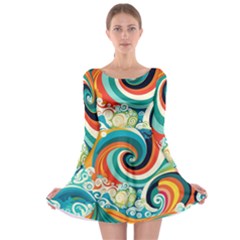 Waves Ocean Sea Abstract Whimsical Long Sleeve Skater Dress by Maspions