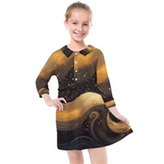 Abstract Gold Wave Background Kids  Quarter Sleeve Shirt Dress by Maspions