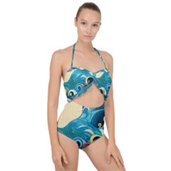 Waves Wave Ocean Sea Abstract Whimsical Scallop Top Cut Out Swimsuit by Maspions