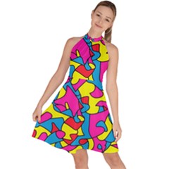 Colorful-graffiti-pattern-blue-background Sleeveless Halter Neck A-line Dress by designsbymallika