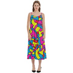 Colorful-graffiti-pattern-blue-background Casual Spaghetti Strap Midi Dress by designsbymallika