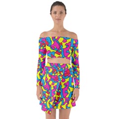 Colorful-graffiti-pattern-blue-background Off Shoulder Top With Skirt Set by designsbymallika