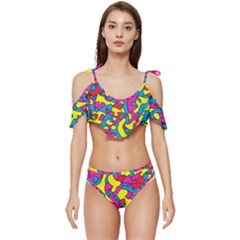 Colorful-graffiti-pattern-blue-background Ruffle Edge Tie Up Bikini Set	 by designsbymallika