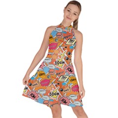 Pop Culture Abstract Pattern Sleeveless Halter Neck A-line Dress by designsbymallika