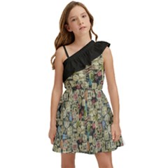 Sticker Collage Motif Pattern Black Backgrond Kids  One Shoulder Party Dress by dflcprintsclothing