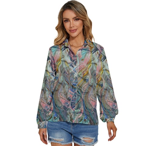 Abstract Flows Women s Long Sleeve Button Up Shirt by kaleidomarblingart