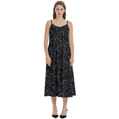 Midnight Blossom Elegance Black Backgrond Casual Spaghetti Strap Midi Dress by dflcprintsclothing