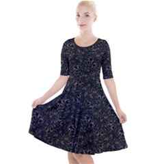 Midnight Blossom Elegance Black Backgrond Quarter Sleeve A-line Dress With Pockets by dflcprintsclothing