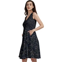 Midnight Blossom Elegance Black Backgrond Sleeveless V-neck Skater Dress With Pockets by dflcprintsclothing