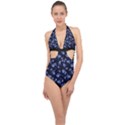 Stylized Floral Intricate Pattern Design Black Backgrond Halter Front Plunge Swimsuit View1