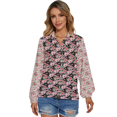 Pink Roses 02 Pink Roses 01 Women s Long Sleeve Button Up Shirt by DinkovaArt