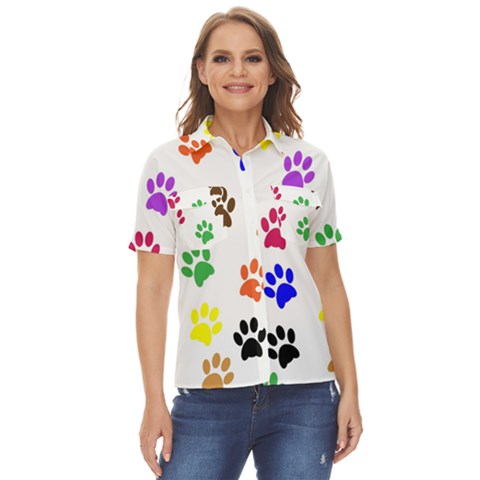 Pawprints Paw Prints Paw Animal Women s Short Sleeve Double Pocket Shirt by Apen