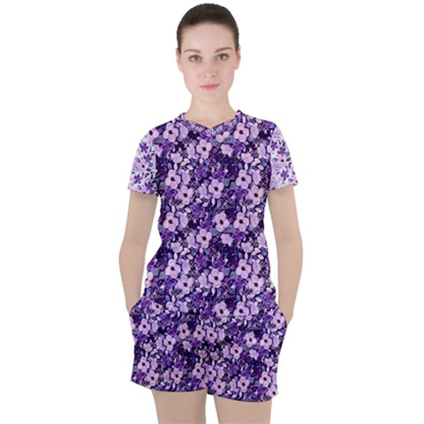 Purple Flowers 001 Purple Flowers 02 Women s T-shirt And Shorts Set by DinkovaArt