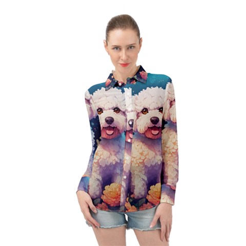 Cute Puppy With Flowers Long Sleeve Chiffon Shirt by Sparkle